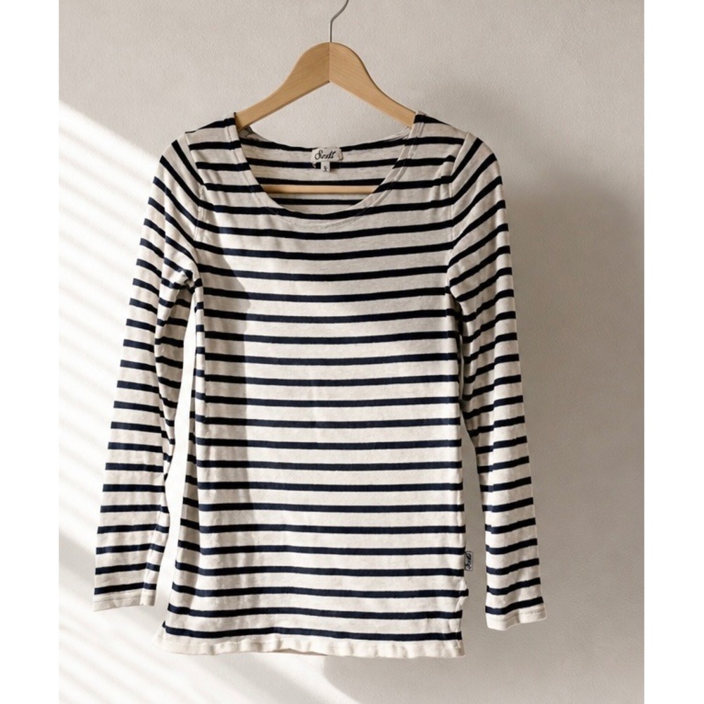 Scott Striped Long Sleeve Top Womens Small White Navy Blue Nautical‎ Scoop Neck